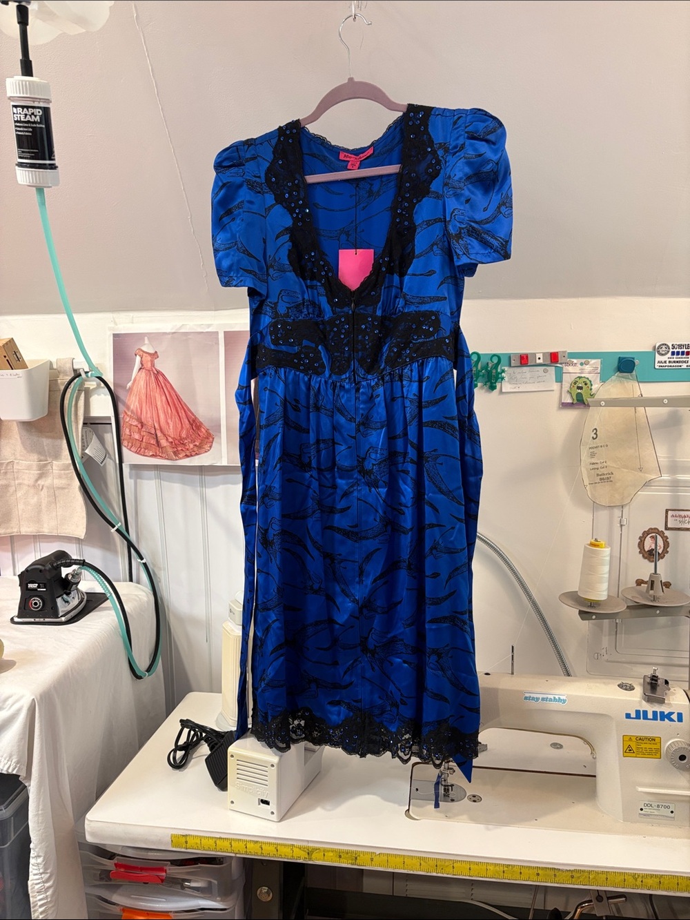 Blue silk Betsey Johnson Pterodactyl dinosaur zip front dress